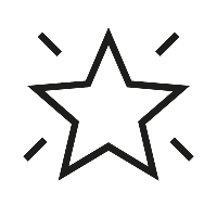 Schwarz-weißer Umriss eines fünfzackigen Sterns mit Strahlen, Symbol für Hervorhebung oder Kreativität.