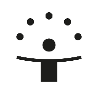 Ein stilisierter Baum mit fünf Ästen und einer zentralen Stammfigur, in Schwarz gehalten.