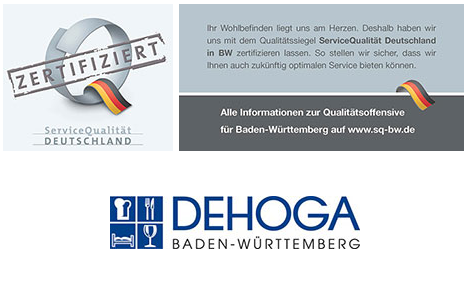 Zertifizierungssiegel ServiceQualität Deutschland mit DEHOGA-Logo Baden-Württemberg und Webadresse für Qualitätsinfos.